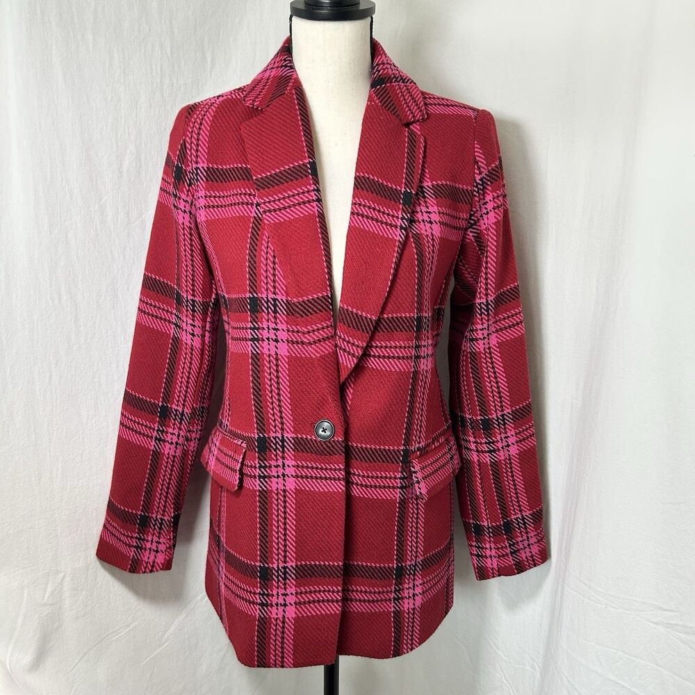 NINE WEST Red Pink Black Plaid Blazer Jacket Notch Collar Office Workwear XS - Picture 3 of 13